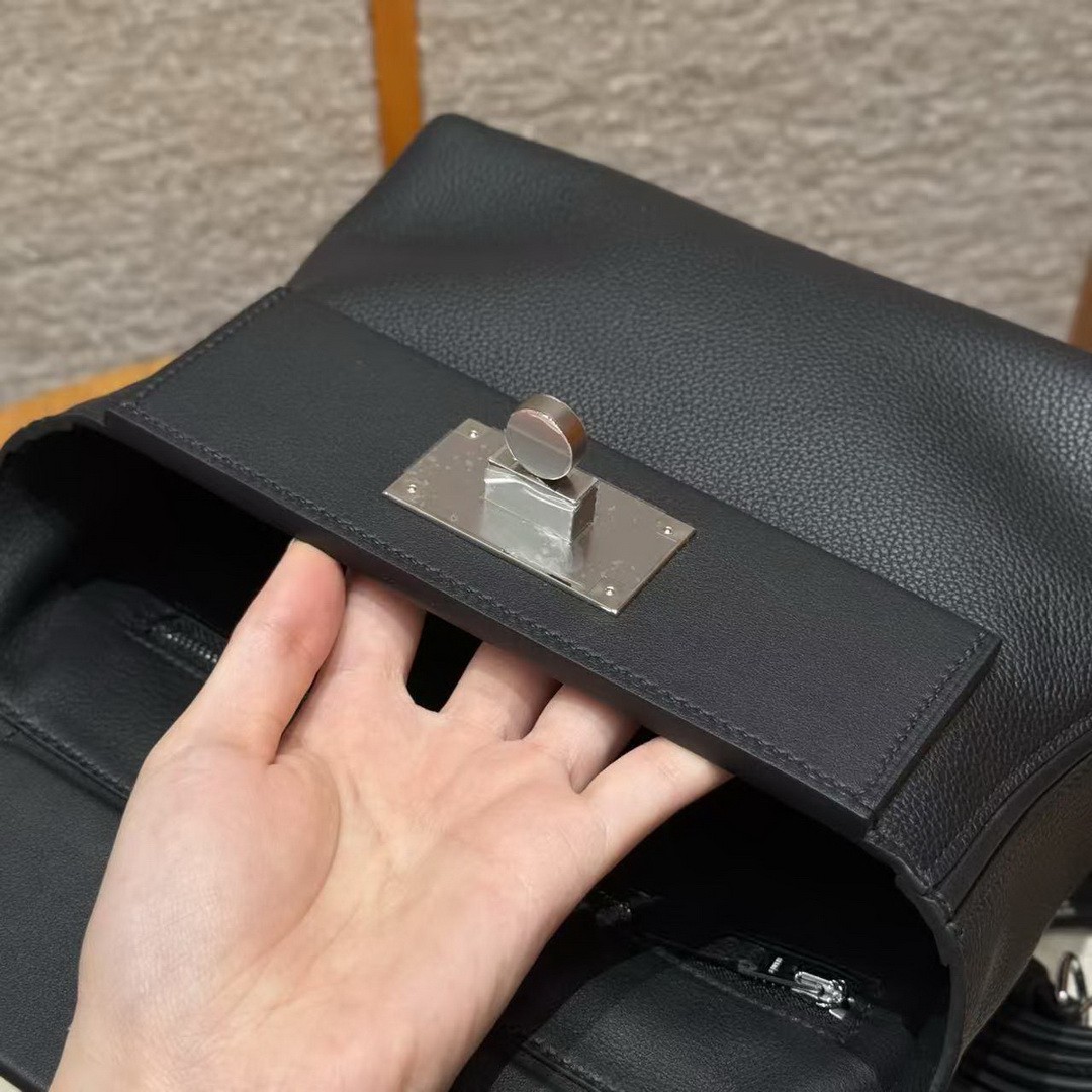 Hermes Kelly 2424 24/24 Bag 21CM Handmade In Evercolor and Swift Calfskin Leather Silver Hardware 89 Noir - Image 10