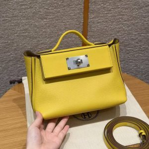 Hermes Kelly 2424 24/24 Bag 21CM Handmade In Evercolor and Swift Calfskin Leather Silver Hardware B4 Sun