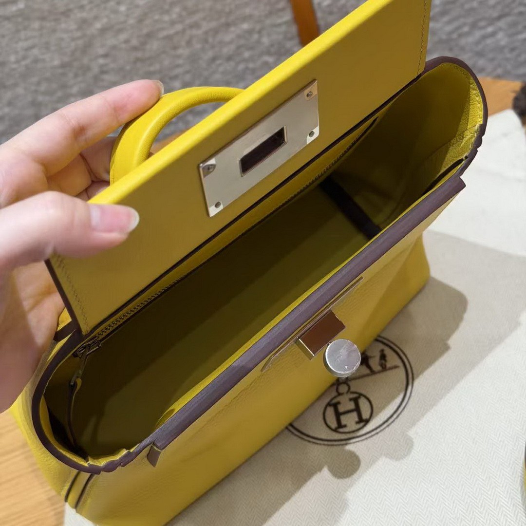 Hermes Kelly 2424 24/24 Bag 21CM Handmade In Evercolor and Swift Calfskin Leather Silver Hardware B4 Sun - Image 18