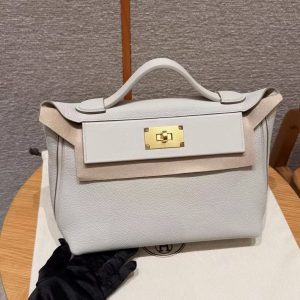 Hermes Kelly 2424 24/24 Bag 29CM Handmade In Evercolor and Swift Calfskin Leather Gold Hardware 8L Beton