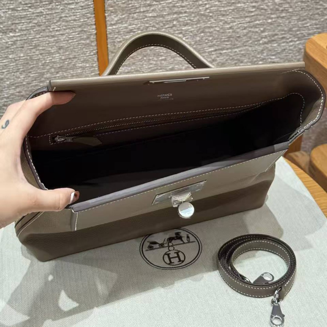 Hermes Kelly 2424 24/24 Bag 29CM Handmade In Evercolor and Swift Calfskin Leather Silver Hardware 18 Etoupe - Image 13
