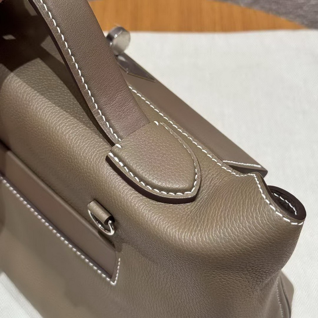 Hermes Kelly 2424 24/24 Bag 29CM Handmade In Evercolor and Swift Calfskin Leather Silver Hardware 18 Etoupe - Image 6