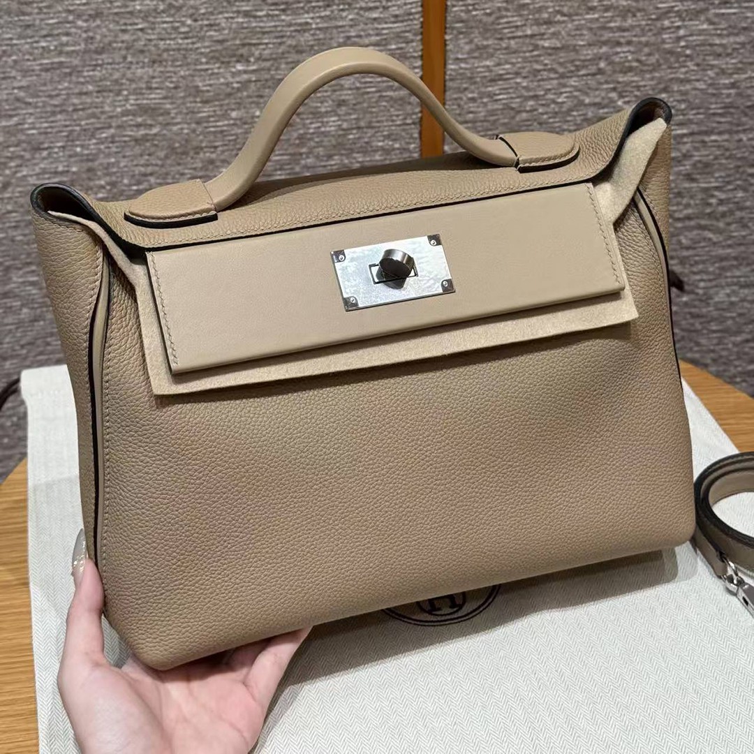 Hermes Kelly 2424 24/24 Bag 29CM Handmade In Evercolor and Swift Calfskin Leather Silver Hardware S2 Trench