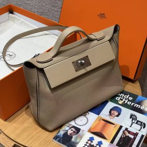Hermes Kelly 2424 24/24 Bag 29CM Handmade In Evercolor and Swift Calfskin Leather Silver Hardware S2 Trench - Image 10