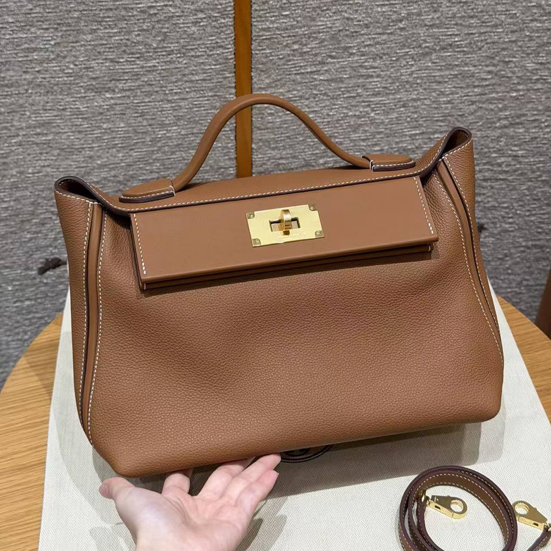 Hermes Kelly 2424 24/24 Bag 29CM Handmade In Togo and Swift Calfskin Leather Gold Hardware 37 Gold