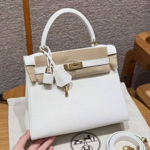 Hermes Kelly 25 Bag Handmade In Togo Calfskin Leather Gold Hardware 01 Blanc