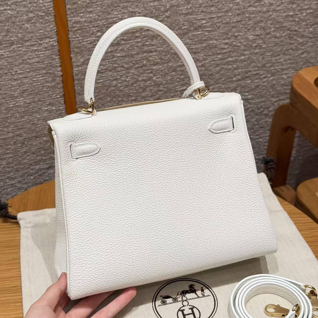 Hermes Kelly 25 Bag Handmade In Togo Calfskin Leather Gold Hardware 01 Blanc - Image 2