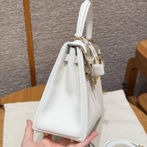 Hermes Kelly 25 Bag Handmade In Togo Calfskin Leather Gold Hardware 01 Blanc - Image 16
