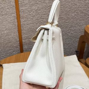 Hermes Kelly 25 Bag Handmade In Togo Calfskin Leather Gold Hardware 01 Blanc - Image 15