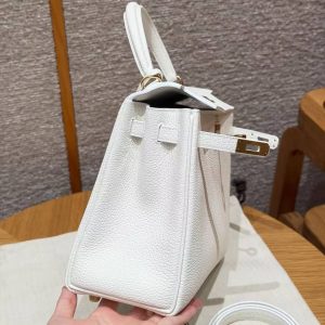 Hermes Kelly 25 Bag Handmade In Togo Calfskin Leather Gold Hardware 01 Blanc - Image 14