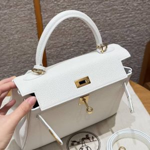 Hermes Kelly 25 Bag Handmade In Togo Calfskin Leather Gold Hardware 01 Blanc - Image 10