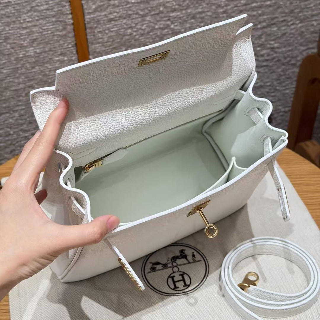 Hermes Kelly 25 Bag Handmade In Togo Calfskin Leather Gold Hardware 01 Blanc - Image 9