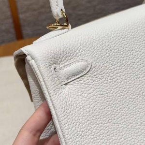 Hermes Kelly 25 Bag Handmade In Togo Calfskin Leather Gold Hardware 01 Blanc - Image 8