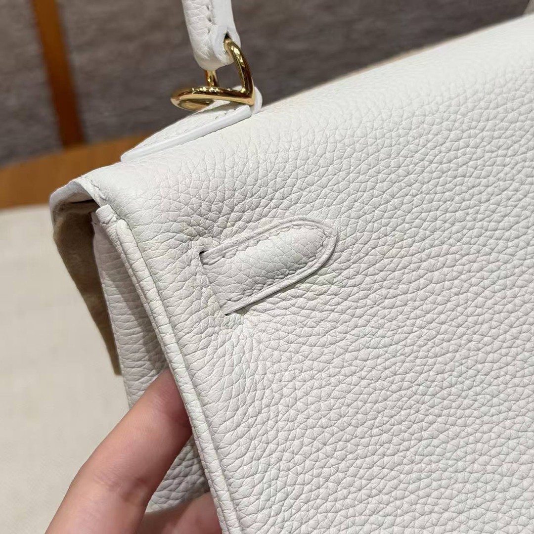 Hermes Kelly 25 Bag Handmade In Togo Calfskin Leather Gold Hardware 01 Blanc - Image 8