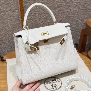 Hermes Kelly 25 Bag Handmade In Togo Calfskin Leather Gold Hardware 01 Blanc - Image 3