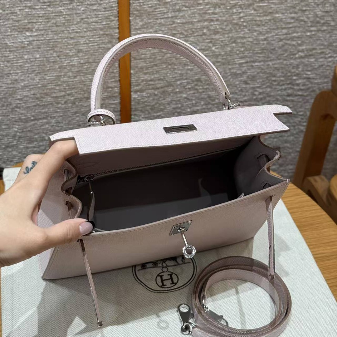 Hermes Kelly 25 Bag Handmade In Epsom Calfskin Leather Silver Hardware 09 Mauve Pale - Image 16