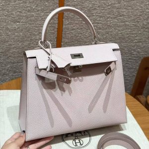 Hermes Kelly 25 Bag Handmade In Epsom Calfskin Leather Silver Hardware 09 Mauve Pale - Image 11