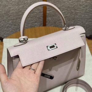 Hermes Kelly 25 Bag Handmade In Epsom Calfskin Leather Silver Hardware 09 Mauve Pale - Image 10