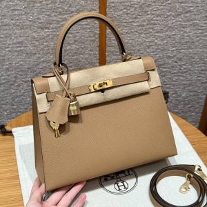 Hermes Kelly 25 Bag Handmade In Epsom Calfskin Leather Gold Hardware 0M Chai