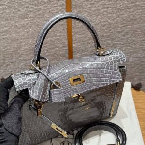 Hermes Kelly 25 Bag Handmade In Bright Faced American Alligator Leather Gold Hardware 0V Gris Ciment - Image 22