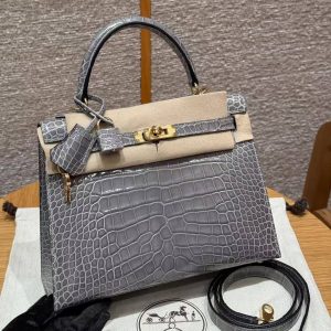 Hermes Kelly 25 Bag Handmade In Bright Faced American Alligator Leather Gold Hardware 0V Gris Ciment