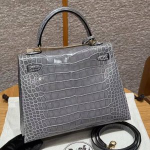 Hermes Kelly 25 Bag Handmade In Bright Faced American Alligator Leather Gold Hardware 0V Gris Ciment - Image 21