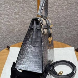 Hermes Kelly 25 Bag Handmade In Bright Faced American Alligator Leather Gold Hardware 0V Gris Ciment - Image 19