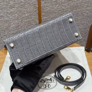 Hermes Kelly 25 Bag Handmade In Bright Faced American Alligator Leather Gold Hardware 0V Gris Ciment - Image 18