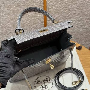 Hermes Kelly 25 Bag Handmade In Bright Faced American Alligator Leather Gold Hardware 0V Gris Ciment - Image 17