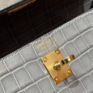 Hermes Kelly 25 Bag Handmade In Bright Faced American Alligator Leather Gold Hardware 0V Gris Ciment - Image 16
