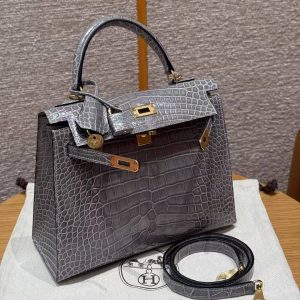 Hermes Kelly 25 Bag Handmade In Bright Faced American Alligator Leather Gold Hardware 0V Gris Ciment - Image 13