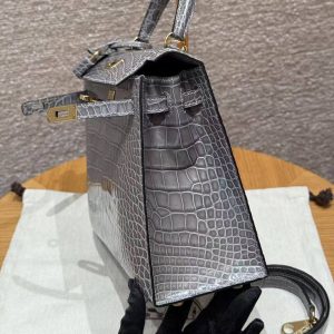 Hermes Kelly 25 Bag Handmade In Bright Faced American Alligator Leather Gold Hardware 0V Gris Ciment - Image 11