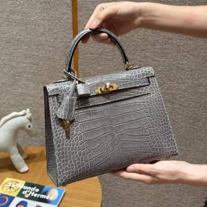 Hermes Kelly 25 Bag Handmade In Bright Faced American Alligator Leather Gold Hardware 0V Gris Ciment - Image 6