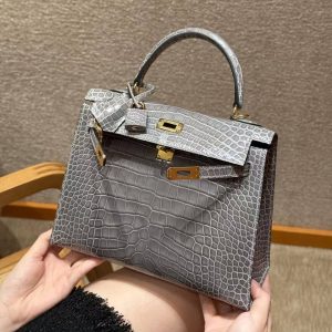 Hermes Kelly 25 Bag Handmade In Bright Faced American Alligator Leather Gold Hardware 0V Gris Ciment - Image 5