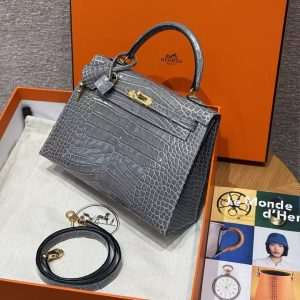 Hermes Kelly 25 Bag Handmade In Bright Faced American Alligator Leather Gold Hardware 0V Gris Ciment - Image 4