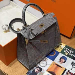 Hermes Kelly 25 Bag Handmade In Bright Faced American Alligator Leather Gold Hardware 0V Gris Ciment - Image 3