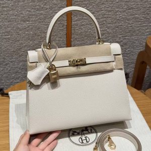Hermes Kelly 25 Bag Handmade In Epsom Calfskin Leather Gold Hardware 10 Craie