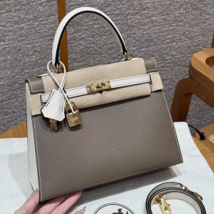 Hermes Kelly 25 Bag Handmade In Epsom Calfskin Leather From France Gold Hardware 18 Etoupe 10 Craie