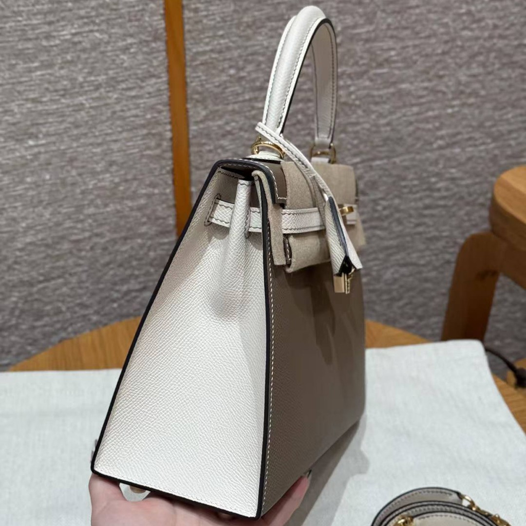 Hermes Kelly 25 Bag Handmade In Epsom Calfskin Leather From France Gold Hardware 18 Etoupe 10 Craie - Image 30