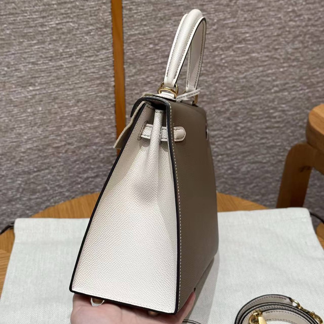 Hermes Kelly 25 Bag Handmade In Epsom Calfskin Leather From France Gold Hardware 18 Etoupe 10 Craie - Image 29