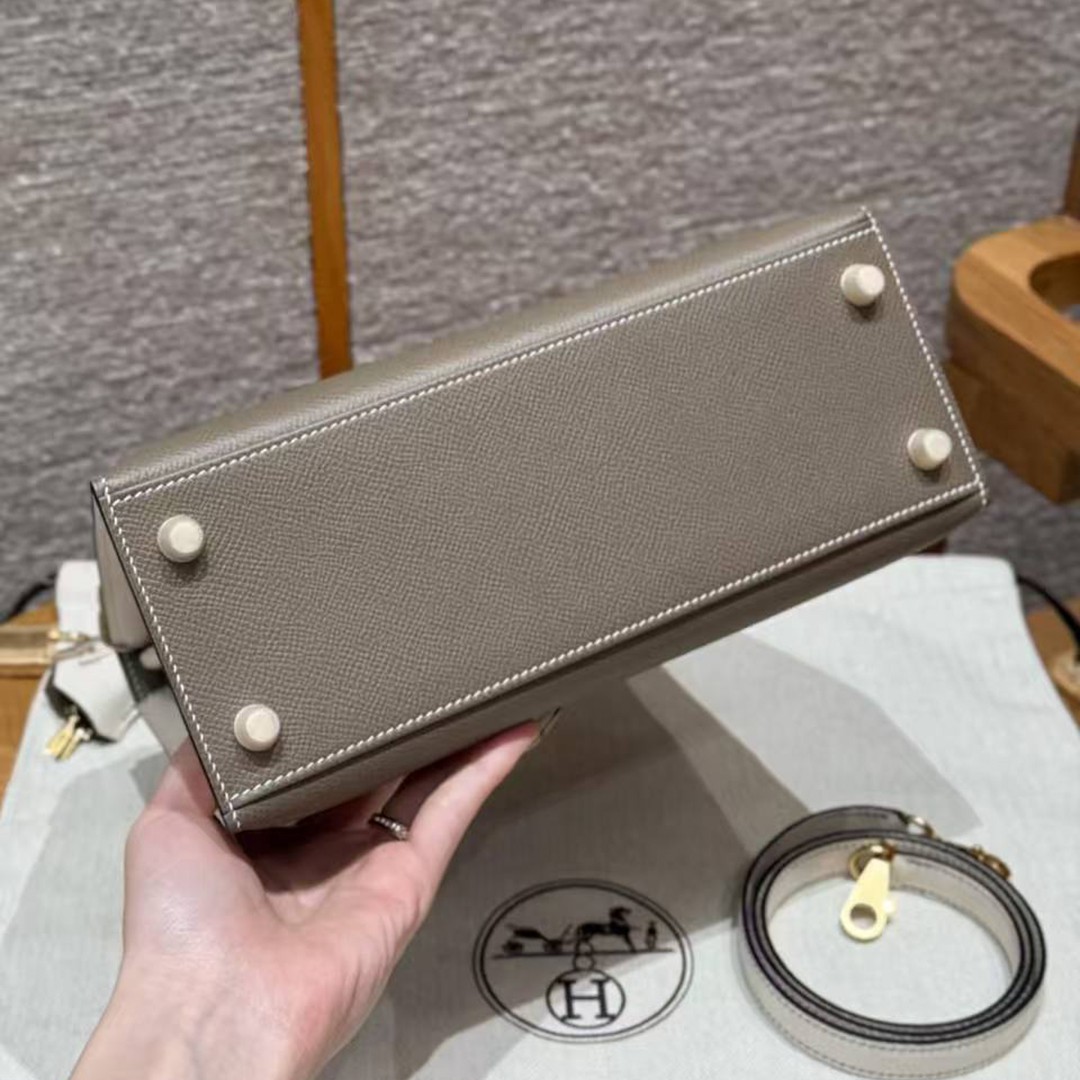 Hermes Kelly 25 Bag Handmade In Epsom Calfskin Leather From France Gold Hardware 18 Etoupe 10 Craie - Image 28