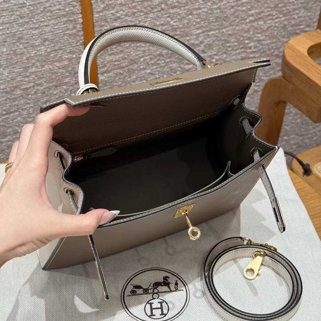 Hermes Kelly 25 Bag Handmade In Epsom Calfskin Leather From France Gold Hardware 18 Etoupe 10 Craie - Image 27