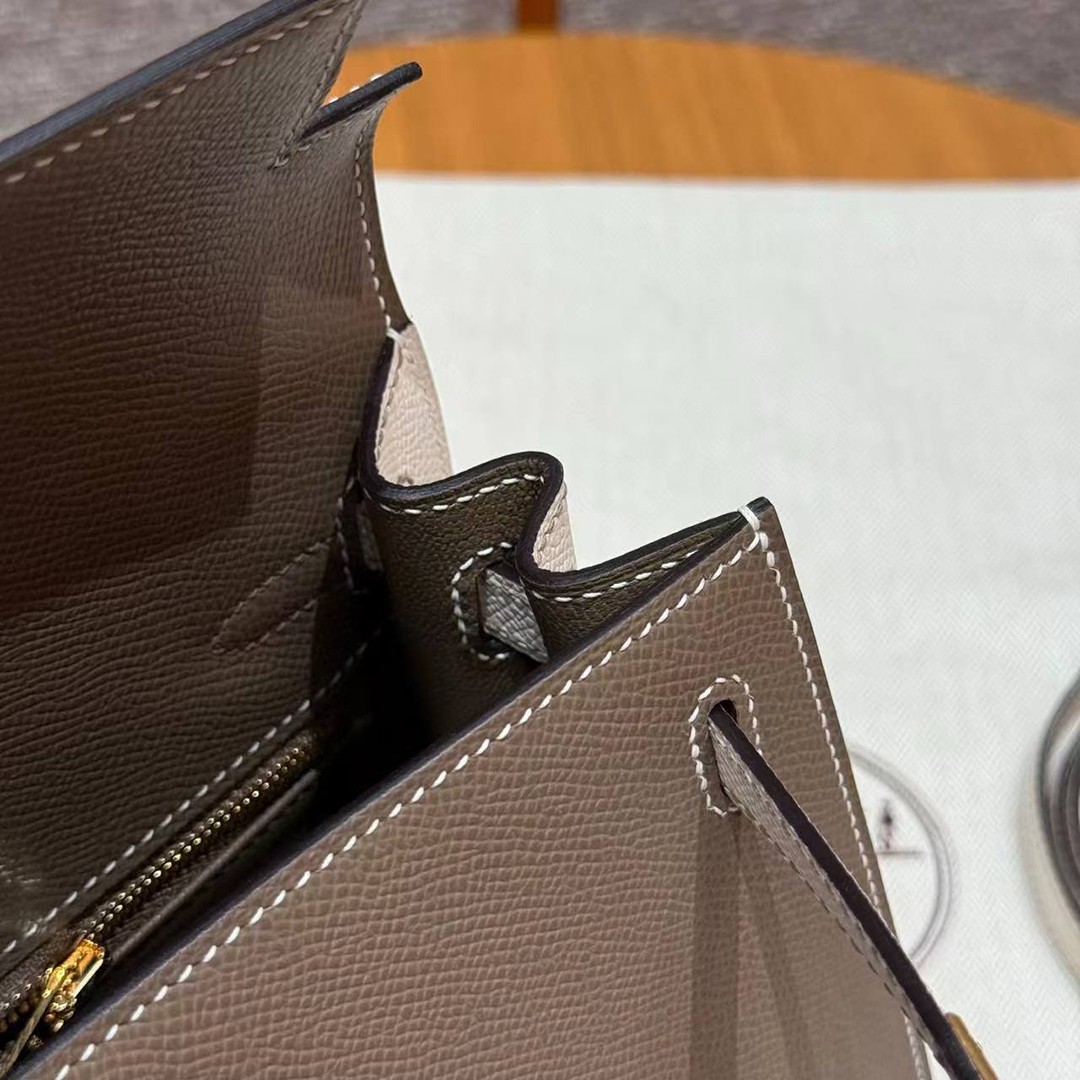 Hermes Kelly 25 Bag Handmade In Epsom Calfskin Leather From France Gold Hardware 18 Etoupe 10 Craie - Image 24