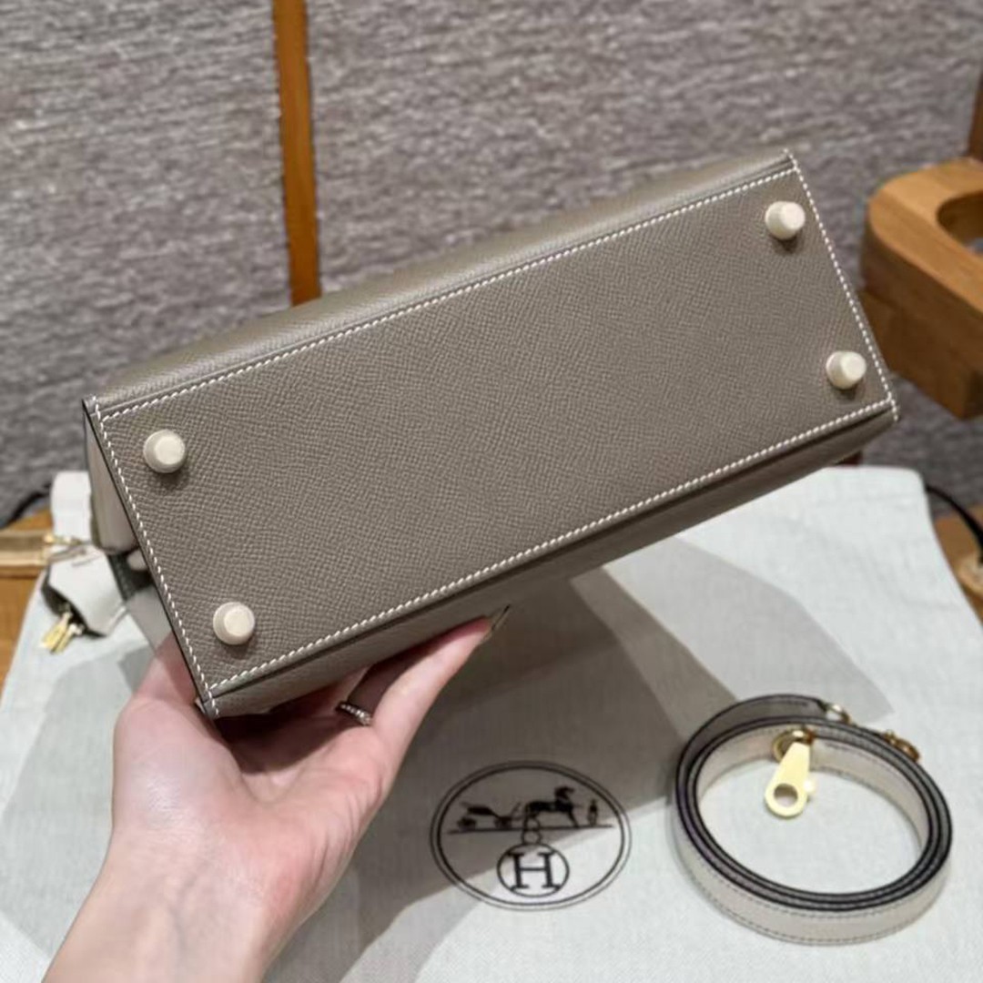 Hermes Kelly 25 Bag Handmade In Epsom Calfskin Leather From France Gold Hardware 18 Etoupe 10 Craie - Image 21