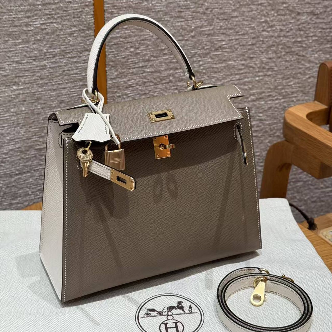 Hermes Kelly 25 Bag Handmade In Epsom Calfskin Leather From France Gold Hardware 18 Etoupe 10 Craie - Image 14