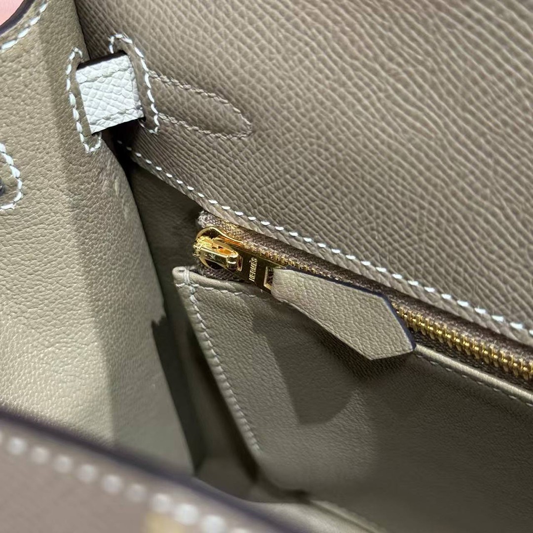 Hermes Kelly 25 Bag Handmade In Epsom Calfskin Leather From France Gold Hardware 18 Etoupe 10 Craie - Image 11