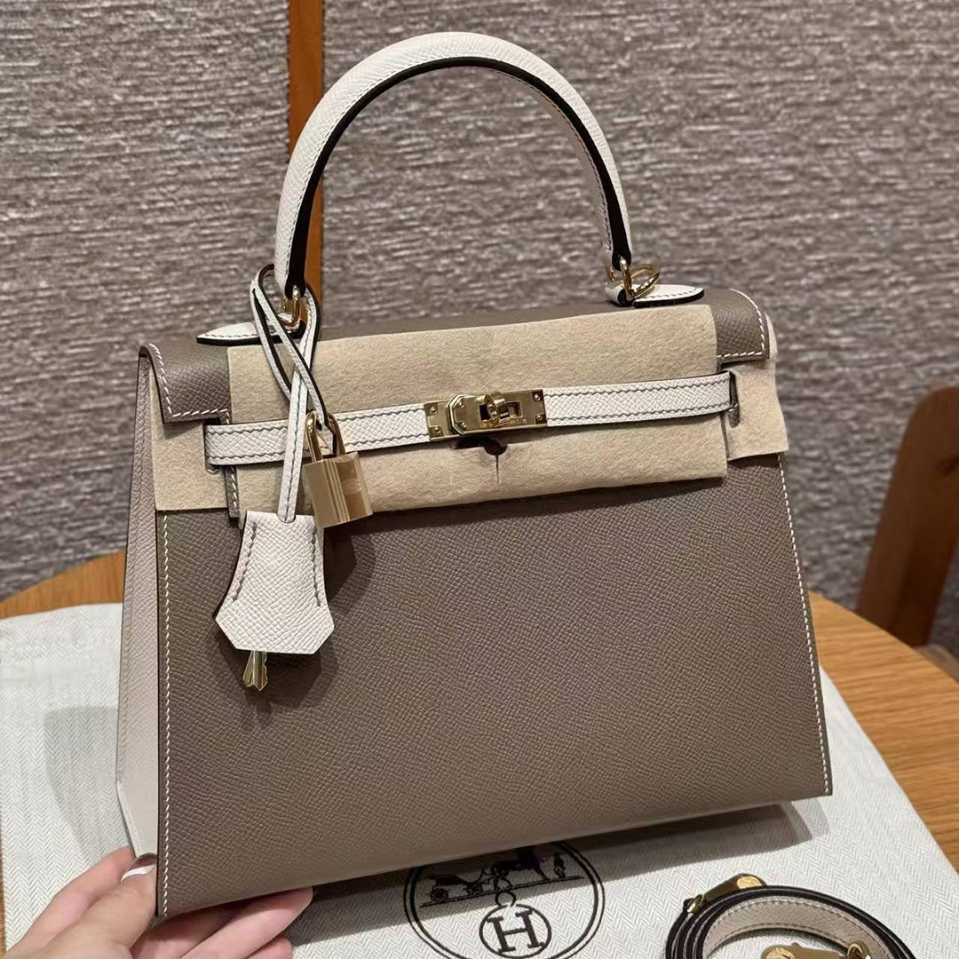Hermes Kelly 25 Bag Handmade In Epsom Calfskin Leather Gold Hardware 18 Etoupe 10 Craie