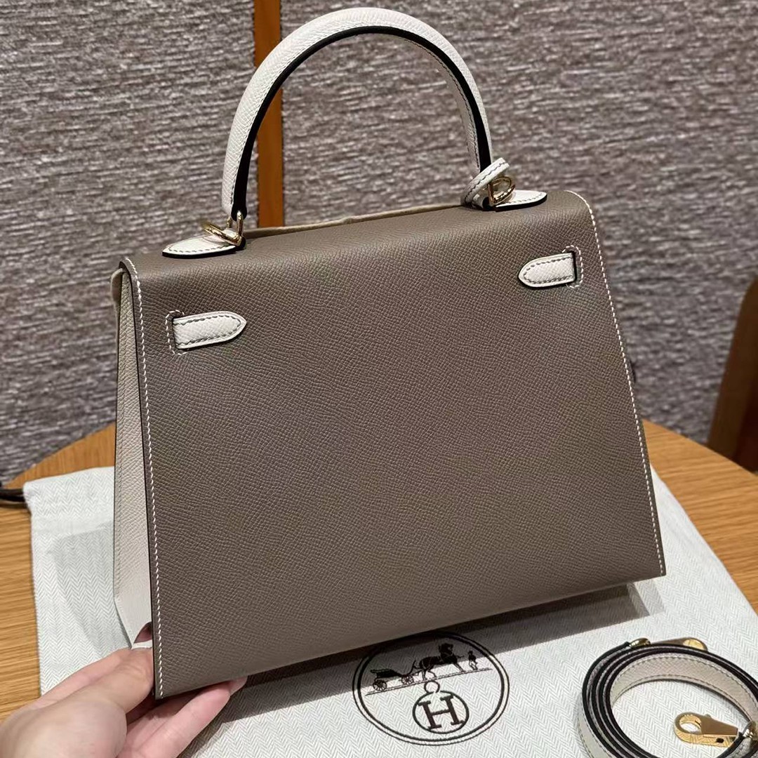 Hermes Kelly 25 Bag Handmade In Epsom Calfskin Leather Gold Hardware 18 Etoupe 10 Craie - Image 2