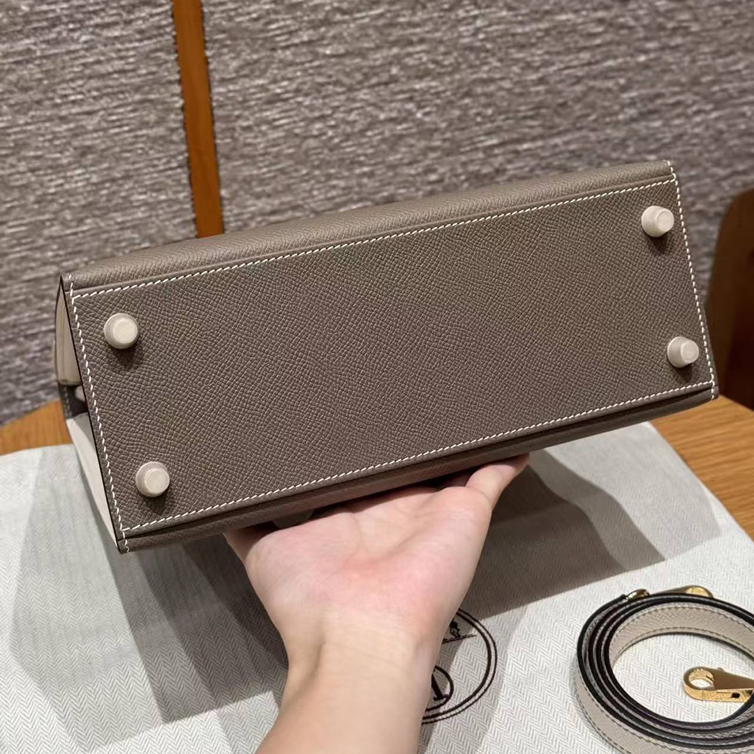 Hermes Kelly 25 Bag Handmade In Epsom Calfskin Leather Gold Hardware 18 Etoupe 10 Craie - Image 18