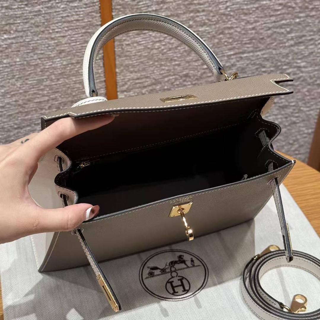 Hermes Kelly 25 Bag Handmade In Epsom Calfskin Leather Gold Hardware 18 Etoupe 10 Craie - Image 17